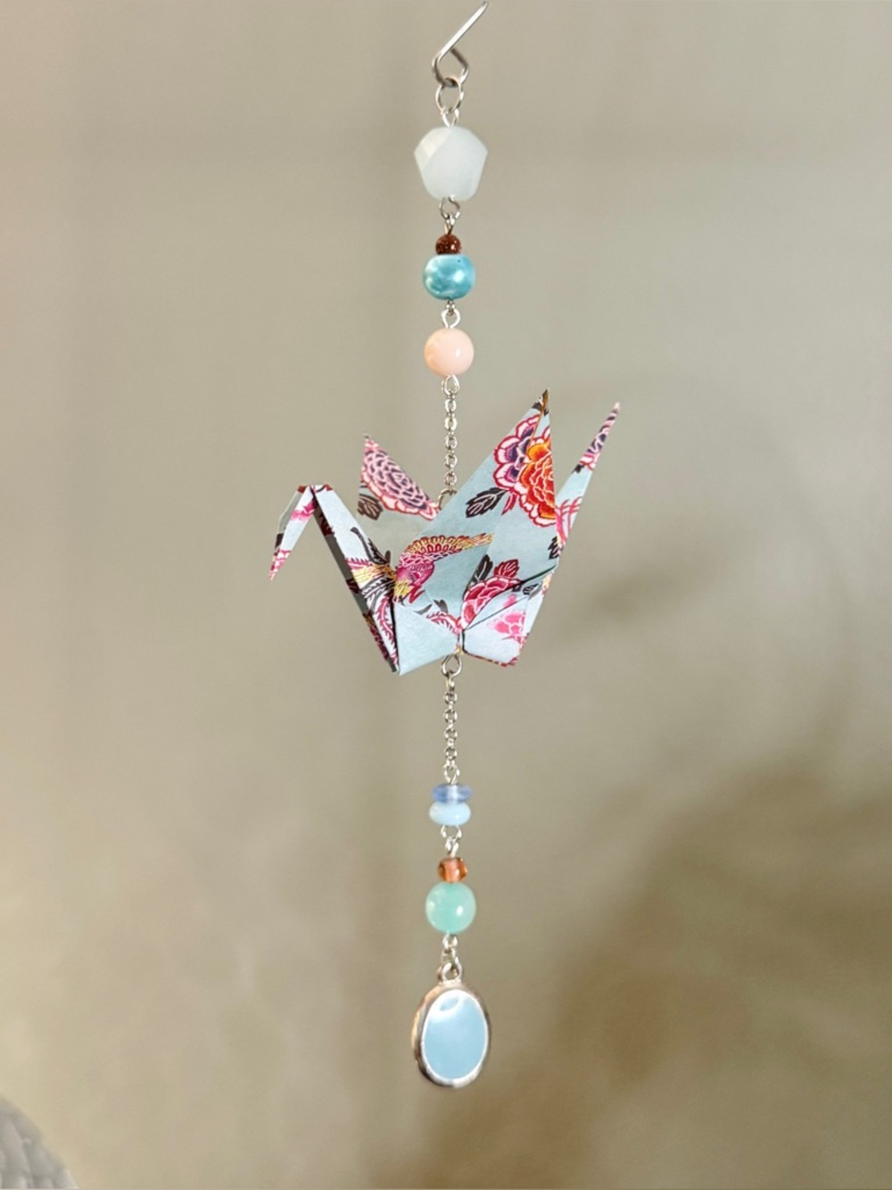 Origami Ornament #2525 - Medium Crane with Repurposed Beads and Pendant